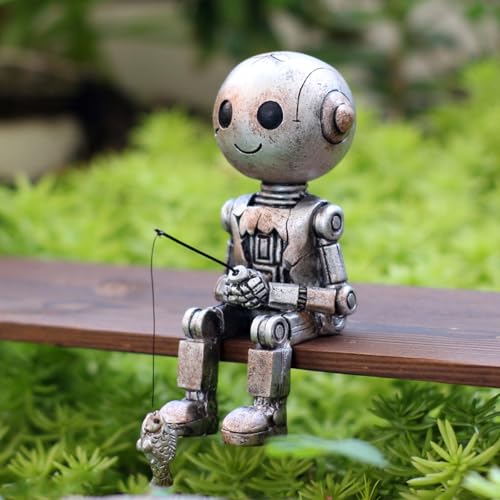Fishing Robot Statue Funny Halloween Decorations, 4.33 Inch Cute Sitting Figurine Shelf Sitter Resin Sculpture for Outdoor Garden Yard Lawn Pond Waterfalls Pool Ornaments - color: Robot
