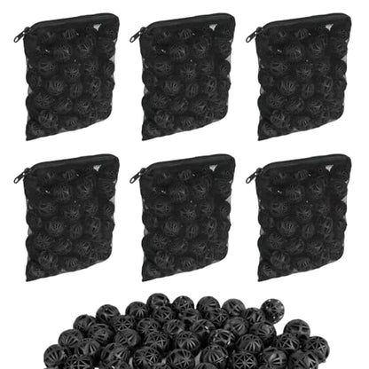 600 Pcs Bio Filter Balls with 6 Pieces Filter Media Bags Mesh Bags with Zipper 1.02 Inch Black Internal Bioballs Filter Media for Pond Fish Tank Aquarium
