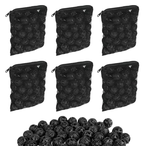 600 Pcs Bio Filter Balls with 6 Pieces Filter Media Bags Mesh Bags with Zipper 1.02 Inch Black Internal Bioballs Filter Media for Pond Fish Tank Aquarium