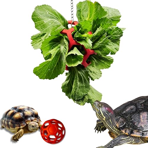 5.5in Turtle Feeder Ball with Chain, Hanging Tortoise Treat Ball, Turtle Enrichment Toys, Turtles Hay Feeding Balls, Foraging Food Toy for Small Pet Rabbit Guinea Pig, Tortoise Accessories (Red, L) - color: Red, L