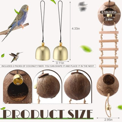 Briwooody Coconut Shell Bird Nest House Breeding Bed Nestingand Anti-pecking Bite with Natural Coir Fiber Bird Nest Toy Bell for Parrot Budgie Parakeet Cockatiel Conure Lovebird Canary Finch (Stylish) - style: Stylish