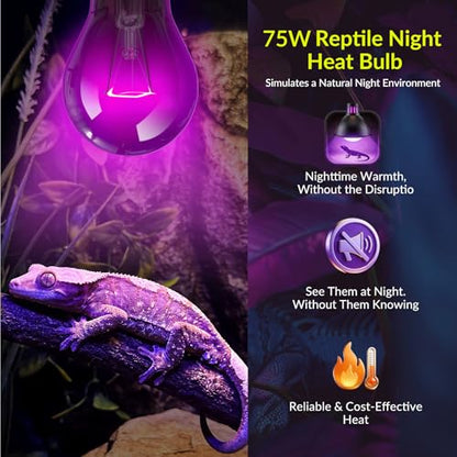 Lustaled Reptile Heat Lamp Bulbs-75W Reptile Night Heat Bulb E26 Terrarium Heat Lamp Simulate Natural Moon Purple Light for Snake Bearded Dragon Leopard Gecko Lizard Chameleon Tortoise -2Pack