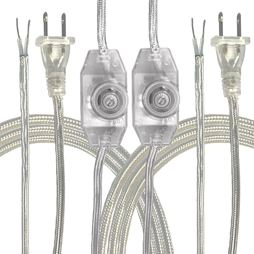 Royal Designs, Inc. Lamp Cord Molded Plug with Dimmer Switch, Stripped Ends Ready for Wiring, 8 ft Long, Silver, SPT-1 UL Listed, Set of 2 (CO-5001D-SL-8-2) - color: Silver - Set of 2
