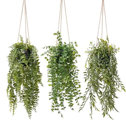 3 Packs 20" Fake Hanging Plants with Black Pots for Wall Decor | Artificial Hanging Plants, Indoor/Outdoor Use, for Home Bathroom Bedroom Office Decor, Easy to Clean, Lifelike Appearance - color: Black Pots, size: 033