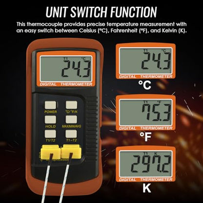K Type Thermocouple Thermometer (-50~1300°C), Dual Channels Digital Thermometer with 2 Temperature Clamp 2 Wired Thermocouple Probes, High Accuracy Temperature Kelvin Scale Meter Tester