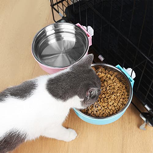 Dog Crate Bowl, Hanging Stainless Steel Removable Pet Crate Water & Food Bowls, Pet Cage Feeder Container Coop Cup for Cat Puppy Birds Rats Guinea Pigs Rabbit Hamster (2PCS) - color: (Round) Dark Blue/Grey