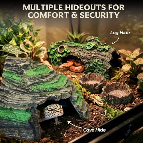 Reptile Starter Kit with Hideouts & Tank Decor - 4-Piece Set for Snakes, Leopard Geckos & Lizards, Reptile & Amphibian Habitat Hideouts with Cave, Log & Food and Water Dishes