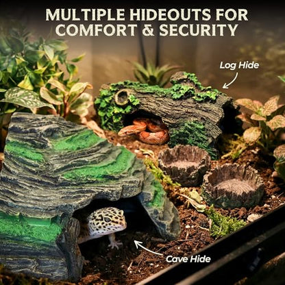 Reptile Starter Kit with Hideouts & Tank Decor - 4-Piece Set for Snakes, Leopard Geckos & Lizards, Reptile & Amphibian Habitat Hideouts with Cave, Log & Food and Water Dishes