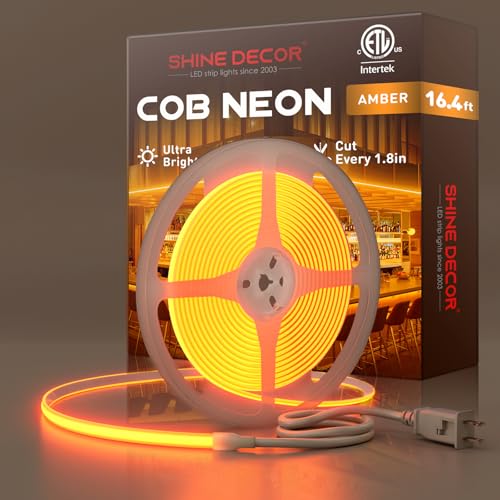 Shine Decor COB LED Rope Light AC 120V, 800lm Ultra Bright, IP65 Waterproof Cold-Resistant ETL Neon Strip, No Driver Tape Lighting for Home Commercial 10x4.5mm, Amber, 16.4ft - color: Amber, size: 16.4 ft