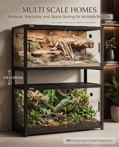 68 Gallon Reptile Tank, Reptile Enclosure Front Sliding Door | Stackable ventilation reptile terrariums Tank anti-escape locks and no-fingerprint handles maximizes UVB transmissionn - color: Black, size: 68 Gallon