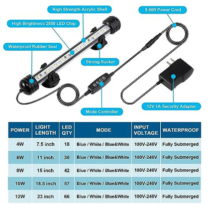 DaToo 10W 18.5inch Submersible Aquarium Light Underwater Fish Tank Light LED Aquarium Light Bar with Timer Auto On/Off and Dimmer Adjustable Brightness, 1 Yr Warranty - size: 10W 18.5inch (With Timer&Dimmer)