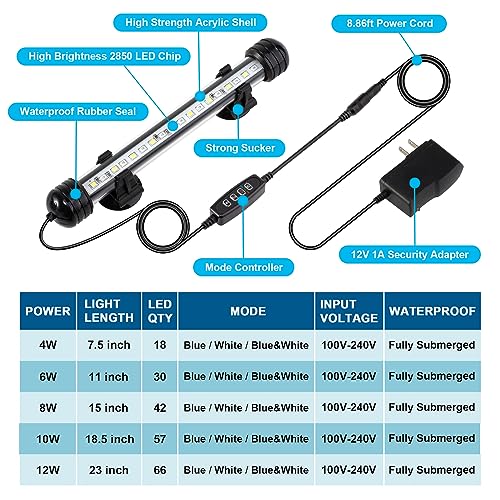 DaToo 8W 15inch Submersible Aquarium Light Underwater Fish Tank Light LED Aquarium Light Bar with Timer Auto On/Off and Dimmer Adjustable Brightness, 1 Yr Warranty - size: 8W 15inch (With Timer&Dimmer)