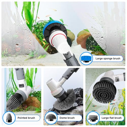 AQQA 8-in-1 Electric Aquarium Cleaning Kit IPX9 Waterproof Cordless Rechargeable Glass Scrubber Handheld Fish Tank Cleaner Powerful Algae Scraper & Cleaning Brush Set (Grey)