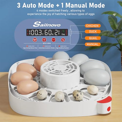 Sailnovo 12 Egg Incubator with Automatic Egg Turning and Humidity Display, Built-in Candler & 360° View Window, Manual & Preset Modes for Hatching Chicken Duck Quail Eggs Home Classroom Lab