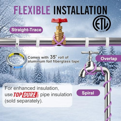 35FT Heat Tape for Water Pipes Roof and Gutters Heating Cable with 6ft Lighted Plug - style: 35 Feet