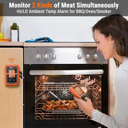 TempPro TP20 500FT Wireless Meat Thermometer with Dual Meat Probe, Digital Cooking Food Meat Thermometer Wireless for Smoker BBQ Grill Thermometer Beef Steak Turkey Thermometer (Previously ThermoPro) - color: Orange