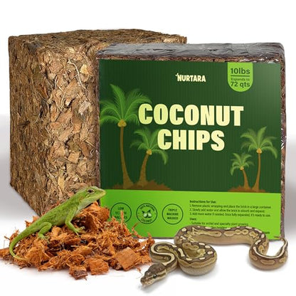 Coconut Chips Substrate 10 Lbs | Reptile Bedding for Snakes, Ball Python, Bearded Dragon, Tortoise, Gecko, Lizard, Frog | Odor Absorbing | Coconut Chips for Plants and Orchid Bark Mulch - size: 10 Lbs (Pack of 1)