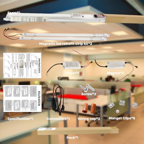 3500K Warm Soft LED Retrofit Kit, 2FT Magnetic Strip Retrofit Kit, 16W = 32W Fluorescent Light, Super Bright 2400LM, 0-10V Dimmable, Clear Cover, Quick Easy Install - color: 2ft 3500k Clear