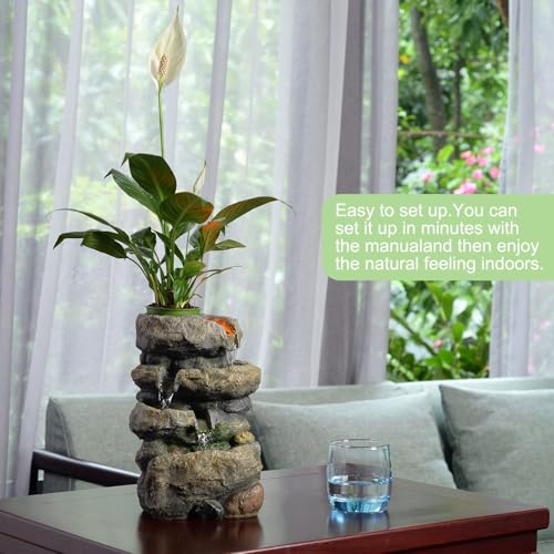 Kalona Tabletop Waterfall Fountain Rockery Fountains Soothing Sound Tabletop Fountains Home/Office Decor with a Small Plastic Pot to Grow The Plant by Yourself(Automatic Watering)(22020) - color: Grayish-brown