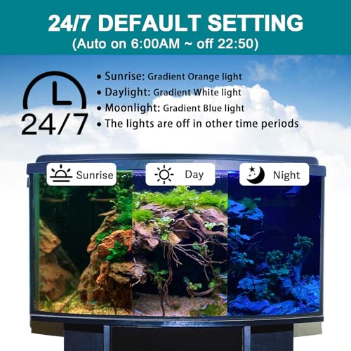 hygger 24/7 Mode Submersible Aquarium LED Light, Full Spectrum Hidden Fish Tank Light with 3 Rows Beads 7 Colors Auto On Off Sunrise-Daylight-Moonlight, Adjustable Timer Brightness - size: 27.4in 16W