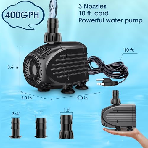 NFESOLAR Submersible Pump, 400GPH Ultra Quiet Submersible Water Pump with Dry Burning Protection 8ft High Lift for Fountains, Hydroponics, Ponds, Aquariums & More KF205 - size: 400GPH