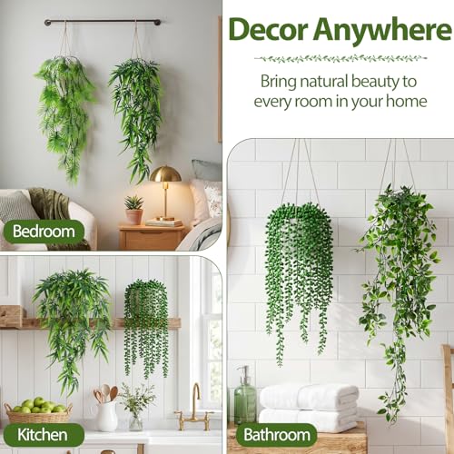 Daifunli 12 Pcs Artificial Hanging Plants Fake Hanging Ferns Plastic Fake Plant for Wall Room Garden Garland Indoor Outdoor Decor No Basket (Palm,Mandala,String of Pearls,Maple Leaf) - style: Palm, Mandala, String of Pearls, Maple Leaf
