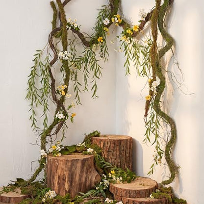 3 Pcs Large Bendable Fake Branch Set 47" Green Dried Rattan 51" Brown Large Tree Branch 47" Mossy Brown Twig Bundle Fake Tree Branches Decor for Home Wedding Jungle Party Greenery Backdrop