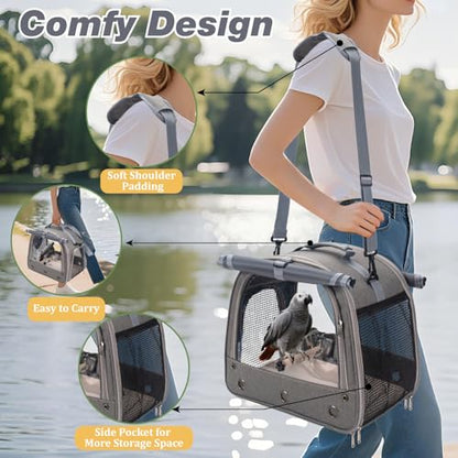 Bird Carrier Parrot Travel Cage with Perch, Food Bowl, Tray and Breathable Clear Window, Bird Travel Bag for African Gray Cockatiel Caique Conure Quaker, for Vetting Camping Hiking (Gray) - color: Gray