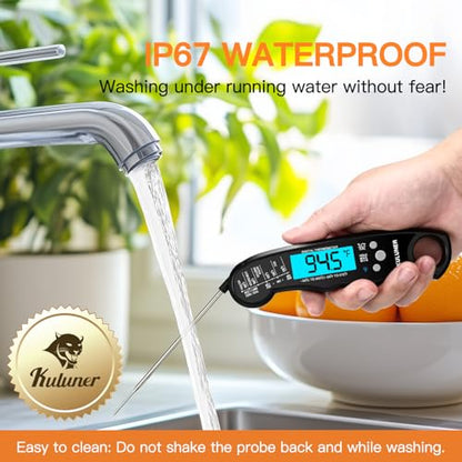 KULUNER Digital Meat Thermometer Instant Read, Waterproof Probe with Backlight & Calibration, Ultra Fast 2-3s Reading, Stainless Steel Kitchen Food Thermometer for Grilling BBQ Cooking Candy - Black - color: Black