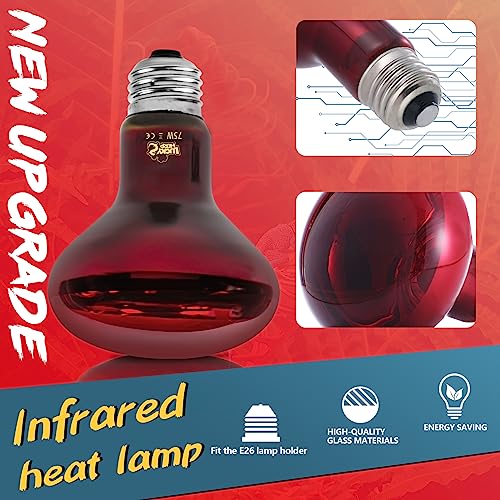 LUCKY HERP Infrared Heat Lamp 75W 2 Pack，Reptile & Amphibian Basking Spot Light Bulbs, Red Heat Lamp Bulbs for Reptiles, Bearded Dragon, Turtle, Lizard, Snake, Chicken - size: 75