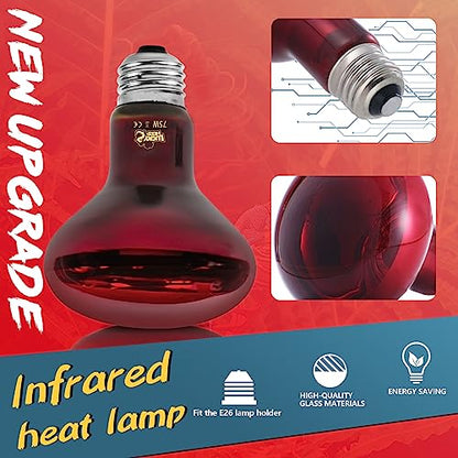 LUCKY HERP Infrared Heat Lamp 75W 2 Pack，Reptile & Amphibian Basking Spot Light Bulbs, Red Heat Lamp Bulbs for Reptiles, Bearded Dragon, Turtle, Lizard, Snake, Chicken - size: 75