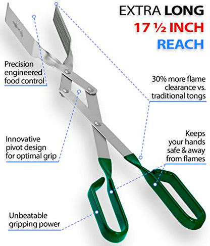 Grill Tongs for Steaks - 2-Pack 17" & 13" Professional Kitchen and Outdoor Grilling Utensil Set (Green) - color: Green 2X Steak Tongs