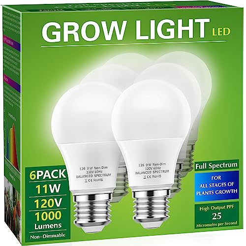 Briignite Full Spectrum LED Grow Light Bulbs, A19 Shape, E26 Base, 11W, 100W Equivalent, 6 Pack for Indoor Plants & Seed Starting - color: White, size: 6 Count (Pack of 1)