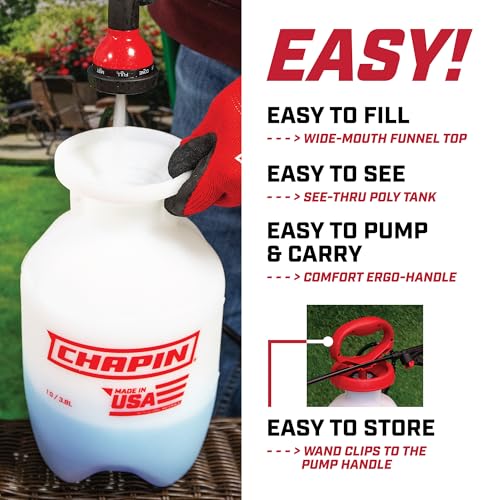 Chapin 20084: 1 Gallon Pump Sprayer – Lawn & Garden Sprayer for Weeds, Pesticides & More – 4-in-1 Spray Nozzle, Comfort Handle & Splash Guard – Durable & Lightweight