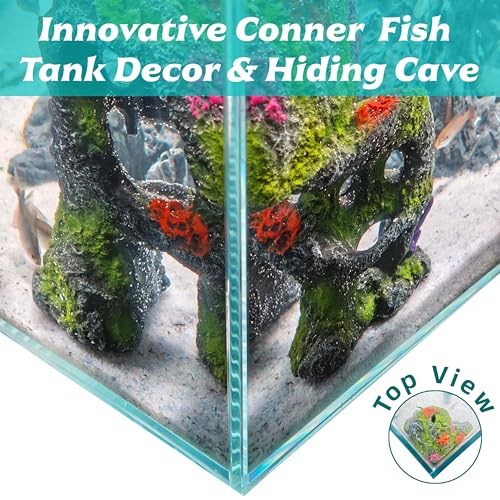 Betta Fish Tank Decorations Hideout - Triple Skull Hiding Cave for Aquarium, Resin Ornament with Artificial Moss Texture and Multiple Entrances for Shrimp, Small Fish - 7.3x4.9x6.1inch