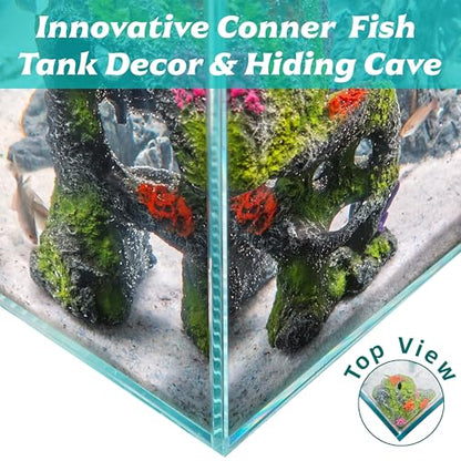Betta Fish Tank Decorations Hideout - Triple Skull Hiding Cave for Aquarium, Resin Ornament with Artificial Moss Texture and Multiple Entrances for Shrimp, Small Fish - 7.3x4.9x6.1inch