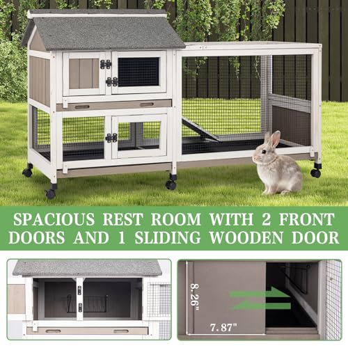 2-Story Rabbit Hutch Indoor & Outdoor, Large Bunny Hutch with 3 Pull-Out Trays, 6 Lockable Wheels, Wooden Rabbit Cage with Asphalt Roof & 6 Accesses for 2-4 Rabbits, Backyard, Home, Patio - size: PET80
