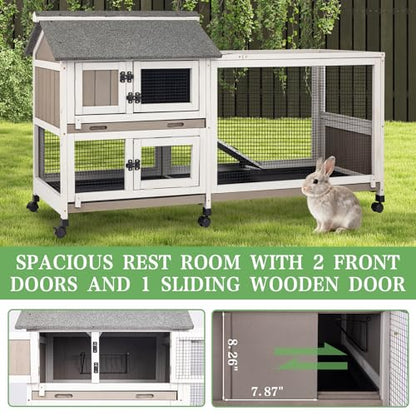 2-Story Rabbit Hutch Indoor & Outdoor, Large Bunny Hutch with 3 Pull-Out Trays, 6 Lockable Wheels, Wooden Rabbit Cage with Asphalt Roof & 6 Accesses for 2-4 Rabbits, Backyard, Home, Patio - size: PET80
