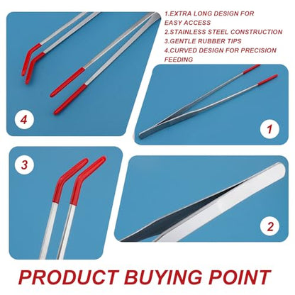 Feeding Tongs Rubber Tip for Reptiles, Feeding Tongs, 15 Inch Extra Long Stainless Steel Aquarium with Rubber Tip, Curved Long Tweezers Terrarium Feeder Tool for Reptile Tank Accessories