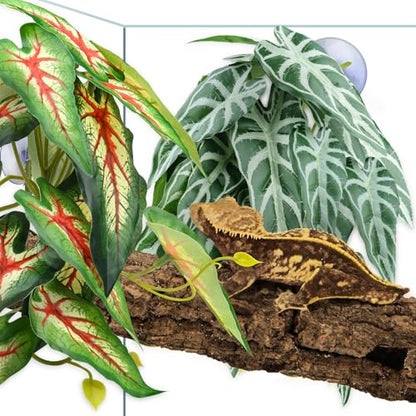 QUOZUO 2 Pack Reptile Plants for Terrarium, Artificial Leaves Habitat Decorations with Suction Cups, Terrarium Hanging Plants Vines for Bearded Dragons Lizards Snake Geckos Frogs - red and White