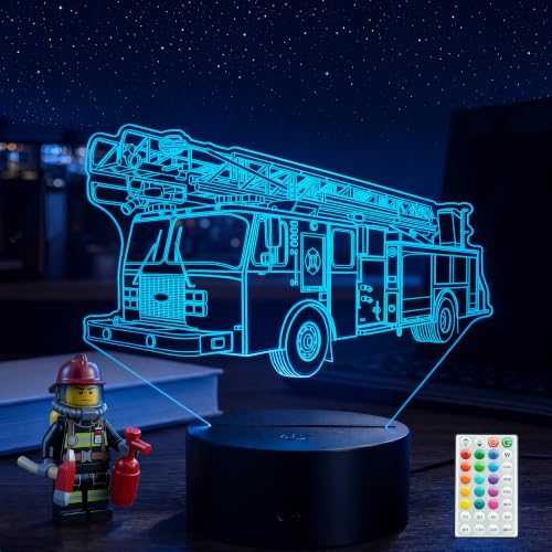 Fire Truck 3D Night Light for Boys, 16 Colors with Remote Control, Timer, RGB Flashing Mode, Dimmable LED Illusion Lamp, Fire Truck Ornament for Birthday Holiday Christmas Decor - color: Color 15
