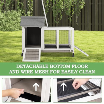 Gowoodhut 38.19"L Rabbit Hutch Indoor and Outdoor with 4 Wheels,Wooden Rabbit Cage with Pull Out Leak-Proof Tray for 1-2 Rabbits,Bunny Hutch with Asphalt Roof Suitable for Garden,Park,Living Room,Grey - size: PET30