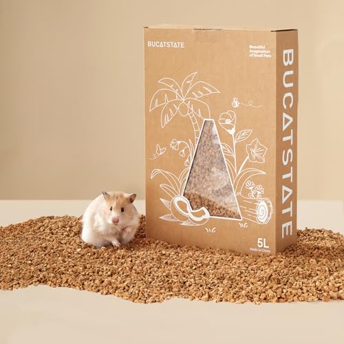BUCATSTATE Cork Bedding 5L, Natural Hamster Bedding Odor Control for Dwarf Syrian Hamsters, Gerbils, Mice, Low-dust Hamster Substrate with Paper Hideout Box (Grain 2-4mm)
