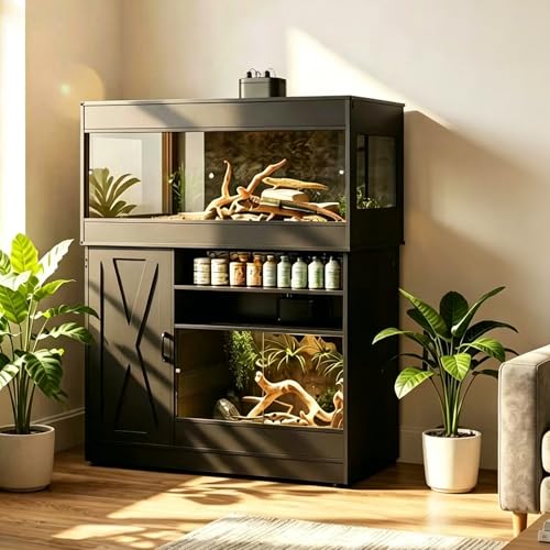 Dual Reptile Tank with Stand 120 Gallon & 60 Gallon Reptile Enclosure Terrarium with Power Outlet for Bearded Dragons Snakes Lizards Chameleon Gecko Tank Sliding Acrylic Doors Mesh CAGE004H - color: Black