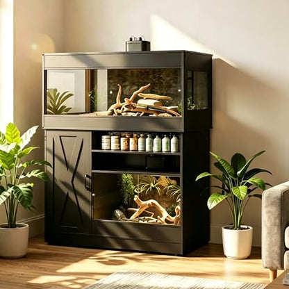 Dual Reptile Tank with Stand 120 Gallon & 60 Gallon Reptile Enclosure Terrarium with Power Outlet for Bearded Dragons Snakes Lizards Chameleon Gecko Tank Sliding Acrylic Doors Mesh CAGE004H - color: Black