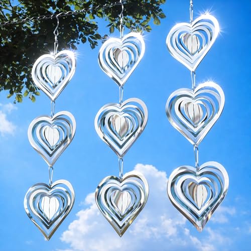 Factee Bird Deterrents for Outside, Reflective 3D Stainless Steel Wind Spinners, Garden Decor, Bird Scare Devices to Keep Woodpeckers, Pigeons Away from Your House, Patio, Orchards - color: Silver Heart