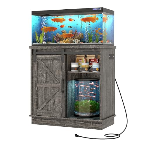 Hlivelood Farmhouse 20 Gallon Fish Tank Stand with Power Outlet, Aquarium Stand w/Cabinet&Sliding Barn Door, Heavy Duty Reptile Tank Stand for Fish/Turtle/Reptile Terrarium, 1000LB Capacity, Grey - color: Grey, size: 20 Gallon