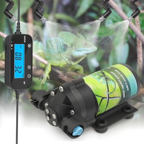 Reptile Misting System with Timer, 6 Adjustable-Joint Nozzles, Self-Priming Pump, Quiet Fine Mist for Chameleons, Geckos, Frogs & Terrariums