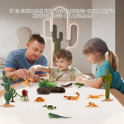 32Pcs Desert Reptiles Animals Figures Toys School Projects Diorama Kit Lizard Snake Cactus Plants Rock Playset for Kids Toddlers Cake Toppers Birthday Party Favor Decorations - style: Reptiles