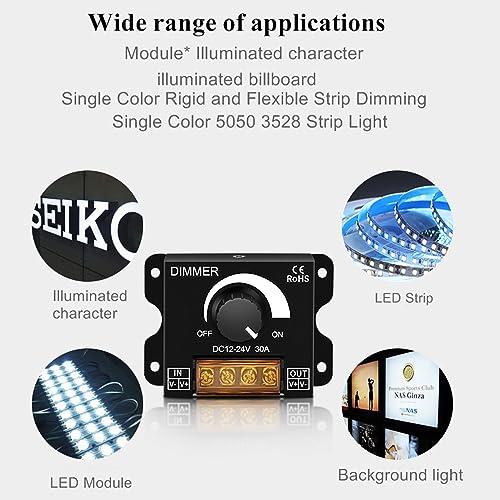 2Pack LED Dimmer Switch DC 12-24V 30A PWM Stepless Brightness Dimming Controller for Single Color LED Strip 5050/3528 Light